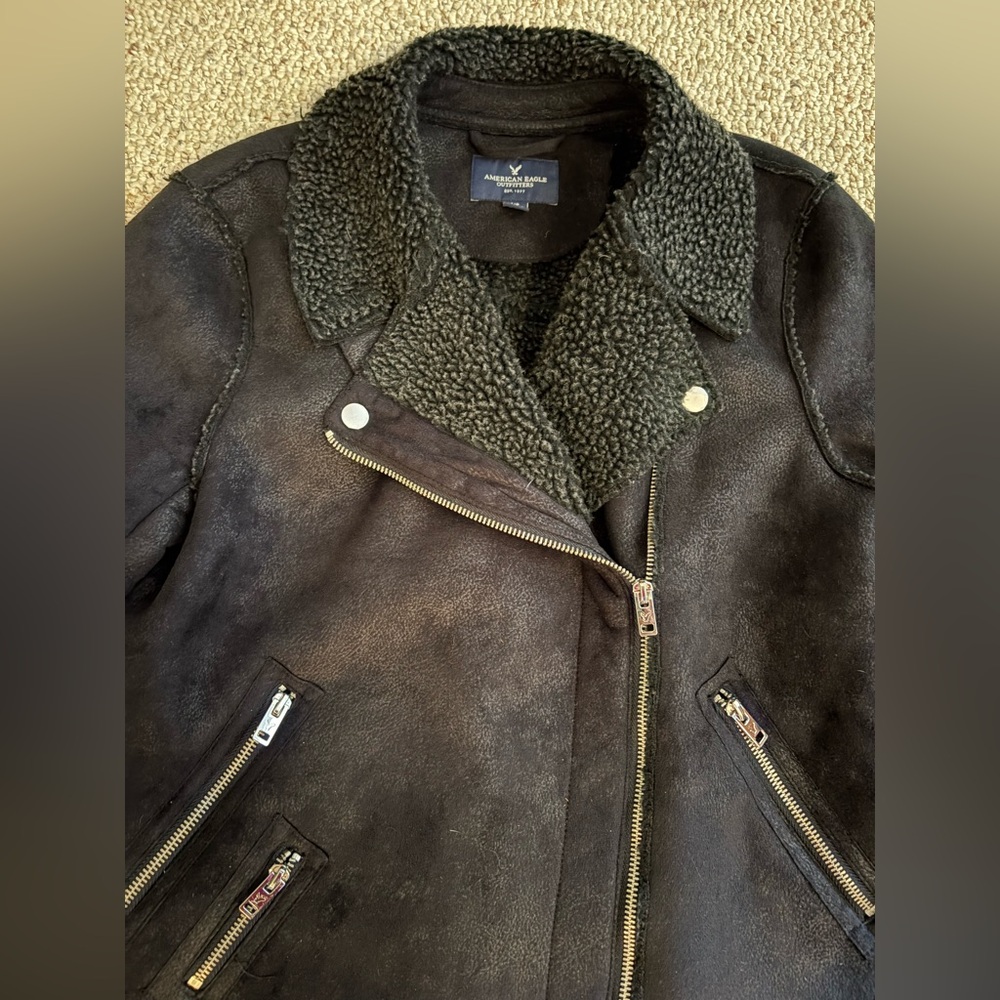 American Eagle Outfitters Faux Suede & Faux Shearling Charcoal Moto Jacket Sz S - Picture 1 of 12